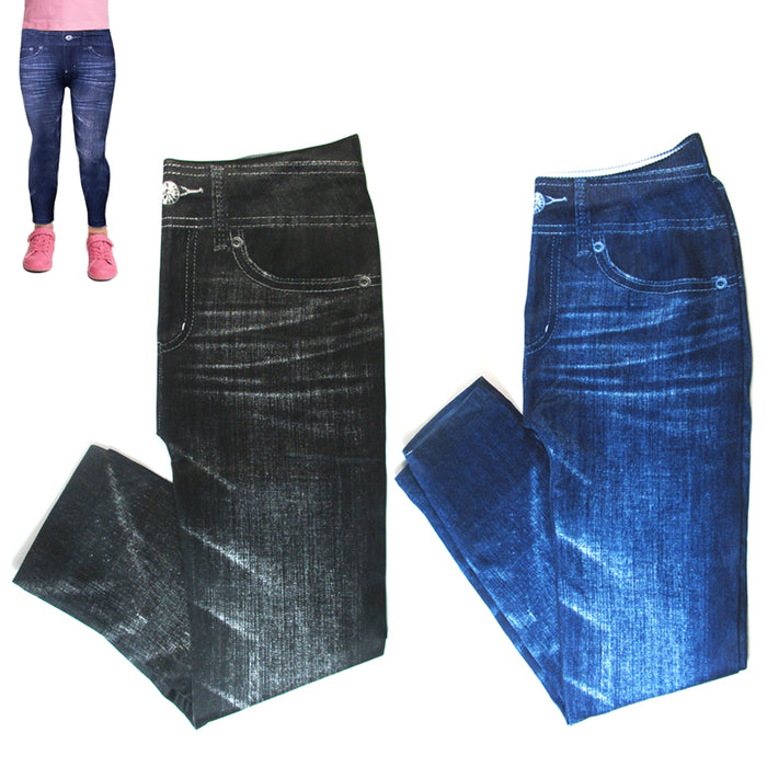 4pc Girls Denim Print Leggings Fashion Stretch Pants Jegging Blue Black Kid S/M