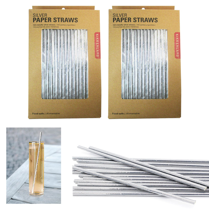 288 Kikkerland Paper Straws Metallic Silver Design Drink Biodegradable Party Box