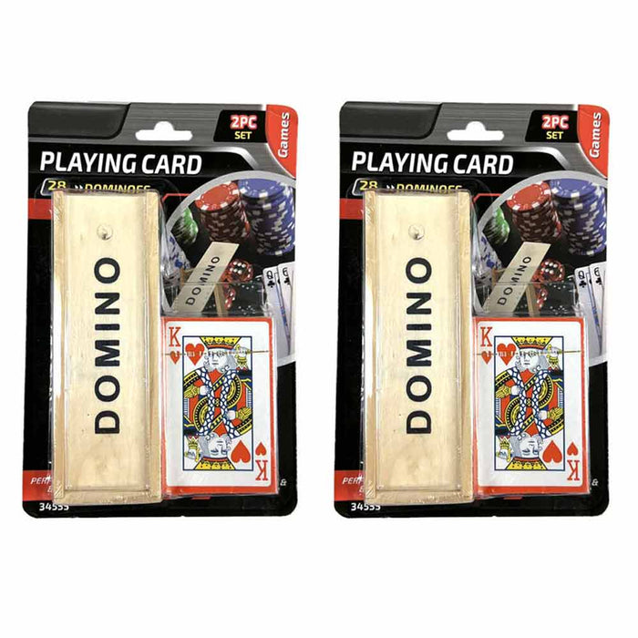 2 Pack Playing Cards and Domino Game Set Family Games Night Wooden Box Classic