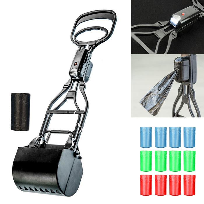 25" Dog Pooper Scooper Rake Pet Poop Waste Bags Refill Set Roll Holder LED Light