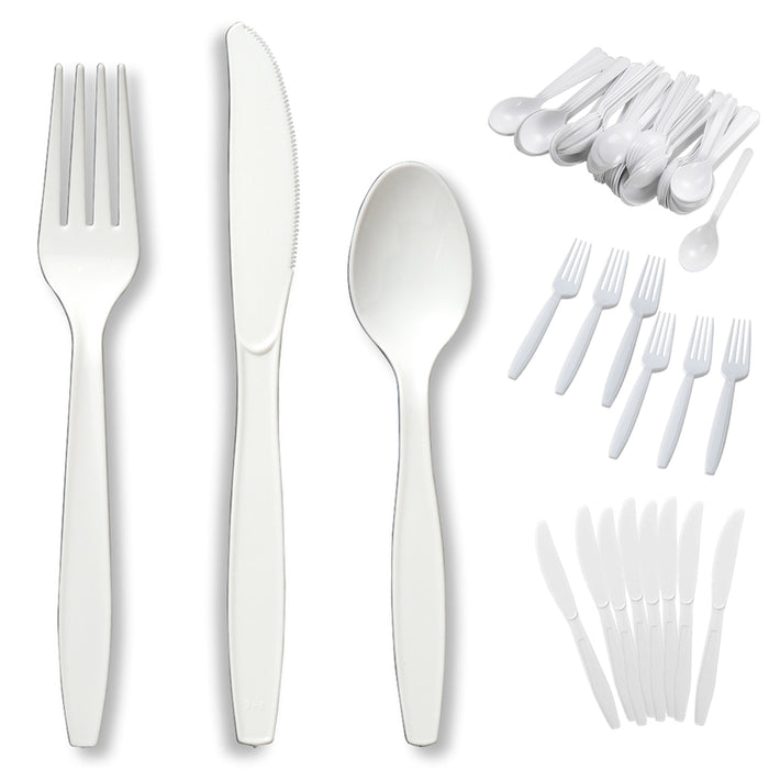 48PCS Plastic Cutlery Set Disposable Utensil Forks Knifes Spoons White Tableware