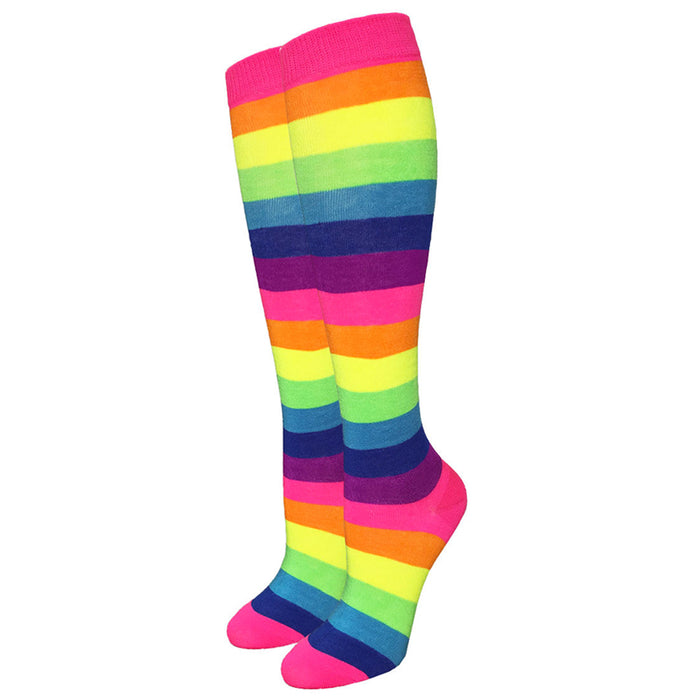 1 Pair Neon Rainbow Stripe Bright Knee High Socks Multi-Color Fashion Size 9-11