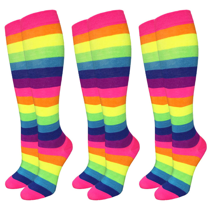 3 Pairs Neon Rainbow Stripe Knee High Socks Size 9-11 Fashion Bright Multi-Color