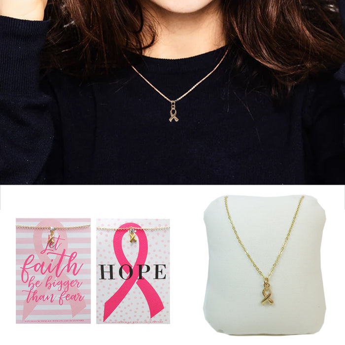 Gold Chain Breast Cancer Awareness Ribbon Pendant Necklace Jewelry Card Gift