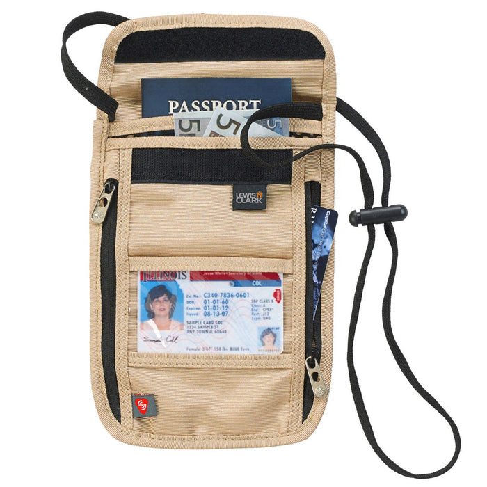 RFID Neck Stash Pouch Travel Holder Passport Id Wallet Bag Lewis N Clark Tan !