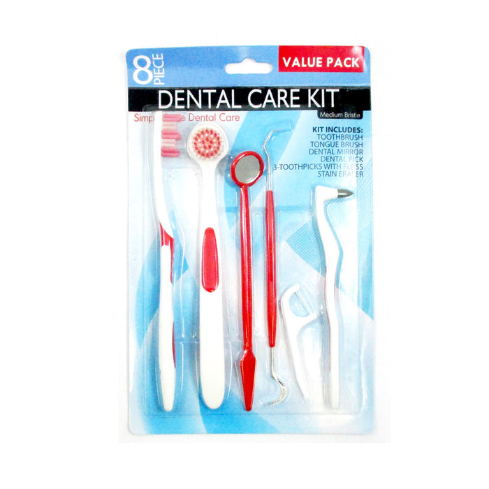 8 Piece Dental Care Tooth Brush Kit Floss Stain Tongue Picks Teeth Denticlean !!