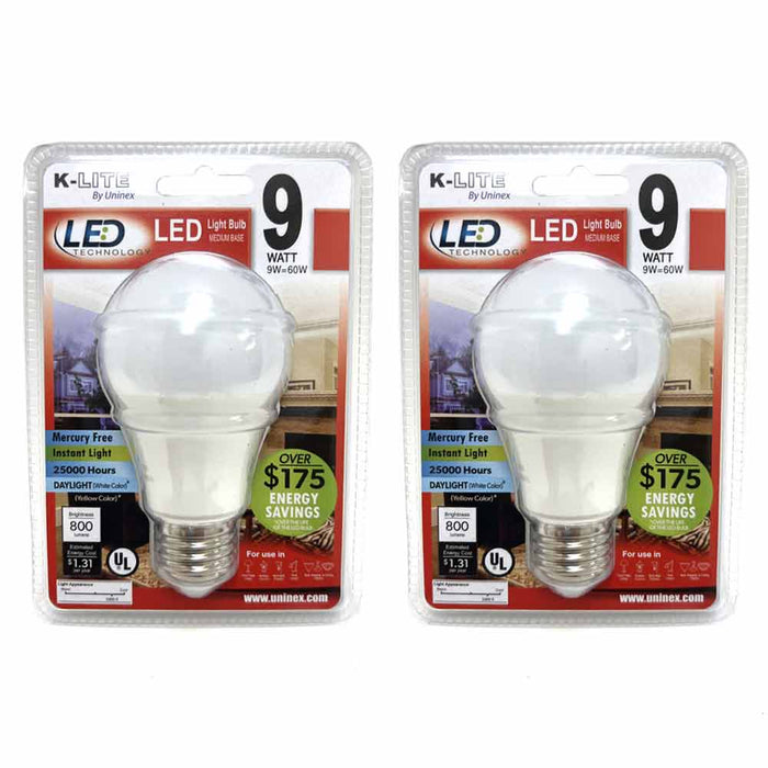 2 Pack LED Light Bulbs 9W 60W White A19 Bulb 800 Lumens Energy Savings UL Listed