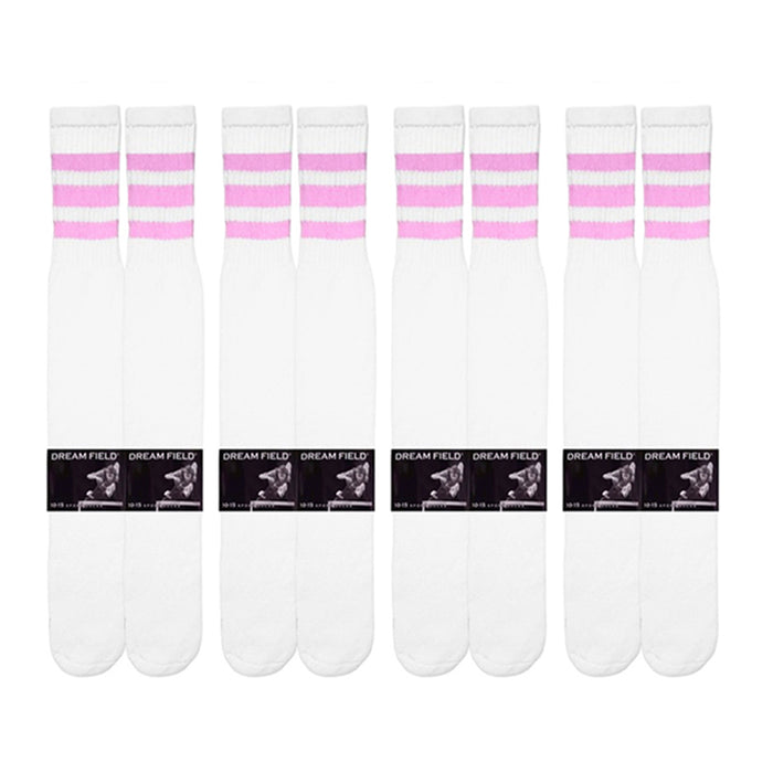 4 Pairs Knee High White Tube Socks Pink Stripe Cotton Long Athletic Sports 10-15
