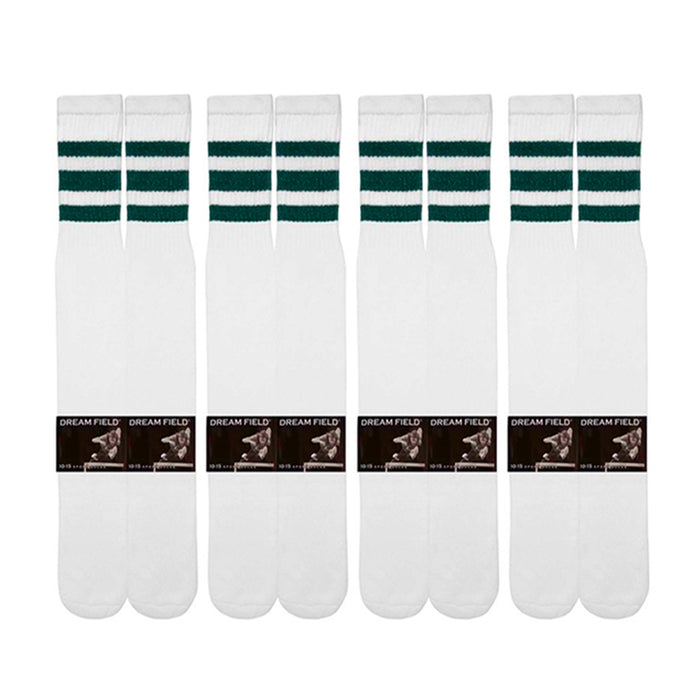 4 Pairs Casual Knee High White Tube Socks Long Athletic Green Stripe Sport 10-15
