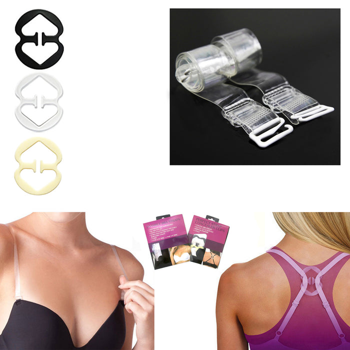 2 Pair Clear Invisible Bra Straps 6 Cleavage Control Holder Clips Conceal Adjust