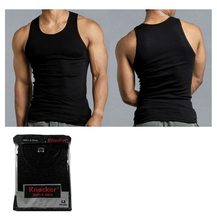 9 Men 100% Cotton Tank Top A-Shirt Undershirt Ribbed Black Muscle