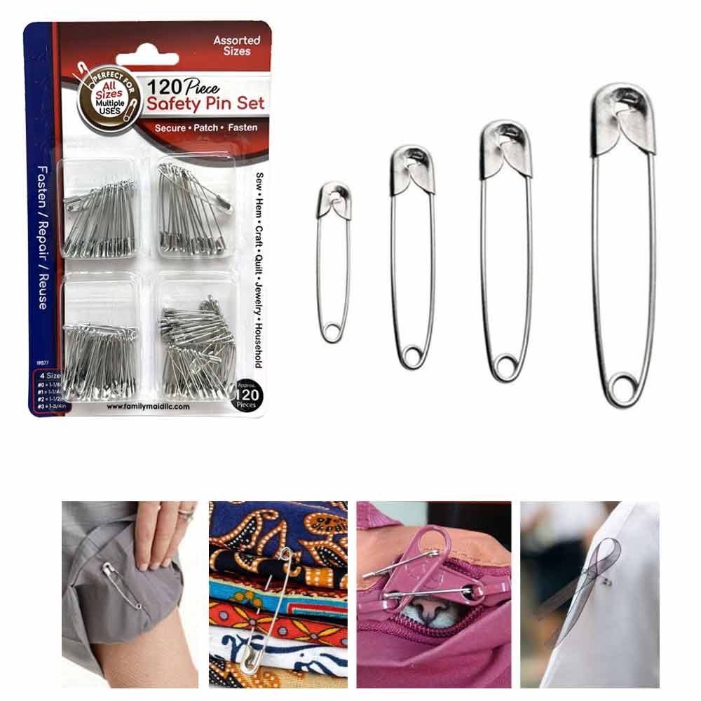120ct Safety Pins Set Assorted Sizes Nickel Plated Steel Clothes Craft —  AllTopBargains