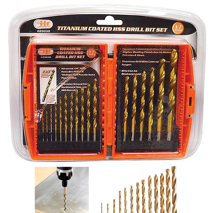 17 PC Drill Bit Set Premium Titanium Steel Wood Plastic Storage Case Bits Kit