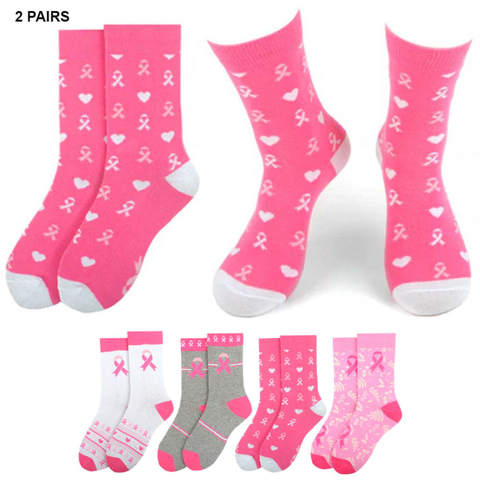 2 Pairs Pink Ribbon Socks Size 9-11 Breast Cancer Awareness Support Girls Womens