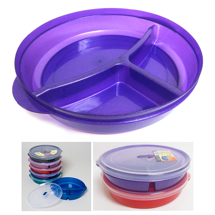 Healthy Portion Control Plate BPA Free 3-Section w Lid Dishwasher Microwave Safe