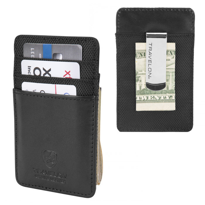 Travelon Genuine Leather Money Clip Wallet RFID Blocking Credit Card Case ID Blk