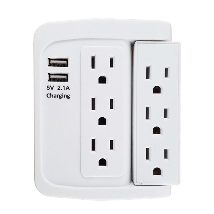 6 Outlet Wall Tap Adapter 3 Swivel AC Sockets 2 USB Charging Ports Surge Protect