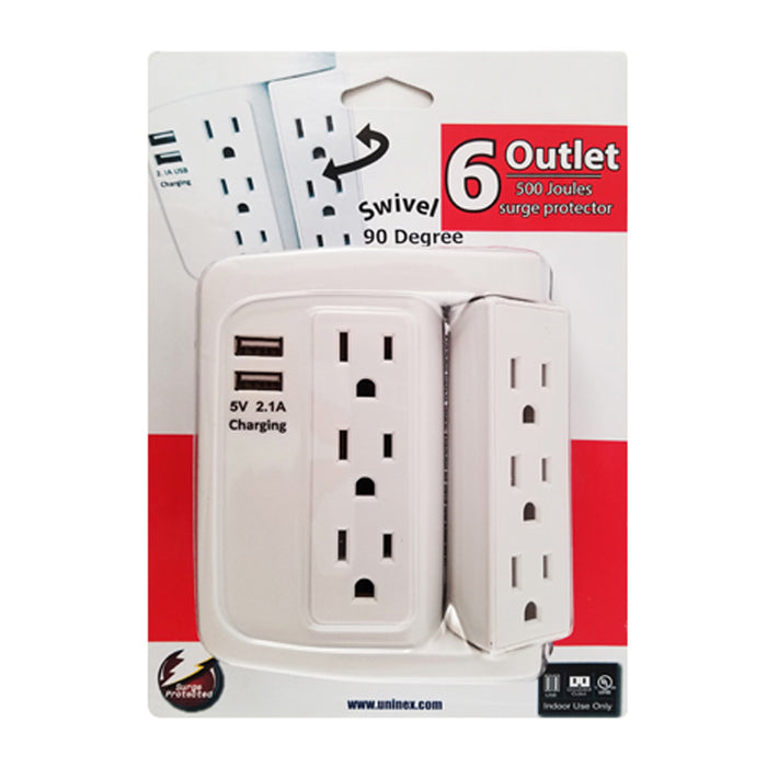 6 Outlet Wall Tap Adapter 3 Swivel AC Sockets 2 USB Charging Ports Surge Protect