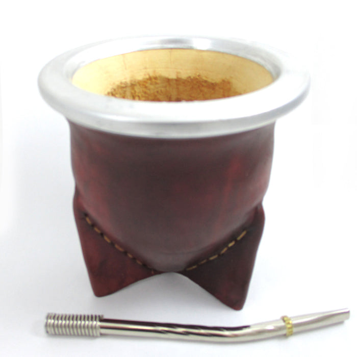 Argentina Mate Gourd Yerba Tea Brown Leather Covered Bombilla Straw Kit Set 9600