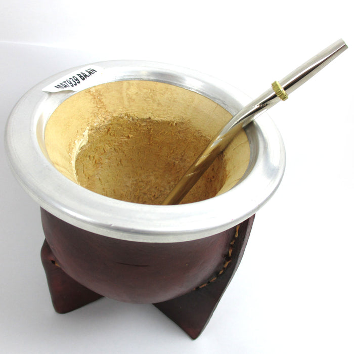 Argentina Mate Gourd Yerba Tea Brown Leather Covered Bombilla Straw Kit Set 9600