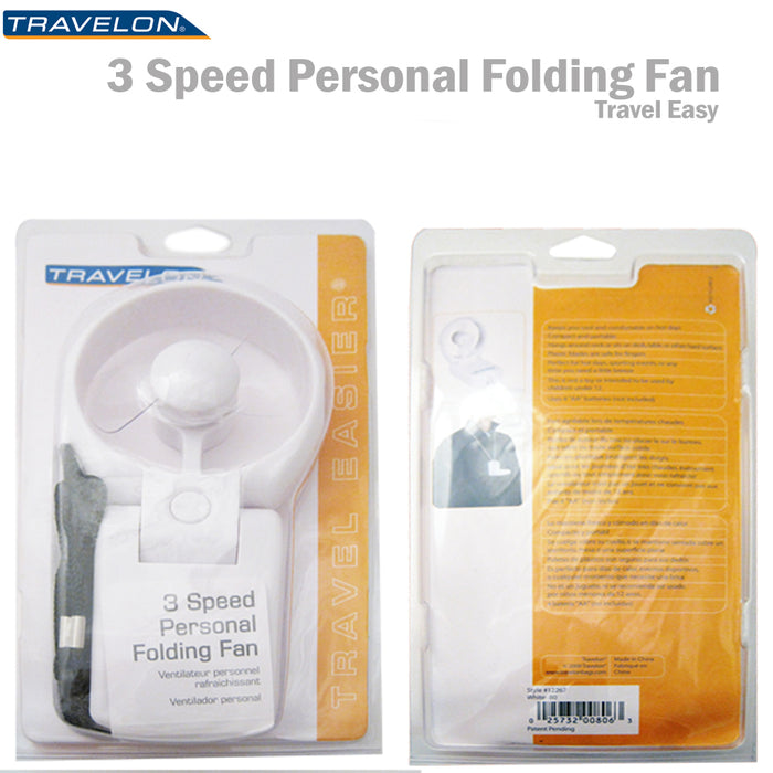 Travelon Personal Folding Fan Compact Portable 3 Speed Tavel Cooling Beach Hang