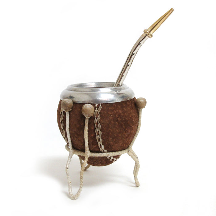 Argentina Mate Gourd Yerba Tea Straw Bombilla Leather Covered Cup Gift Set 9624
