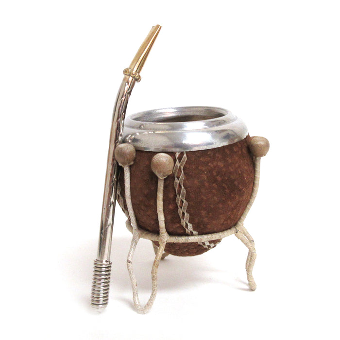 Argentina Mate Gourd Yerba Tea Straw Bombilla Leather Covered Cup Gift Set 9624