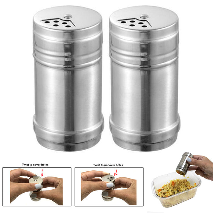 2 Pc Salt and Pepper Shakers Set Stainless Steel Metal Shaker Spice Containers