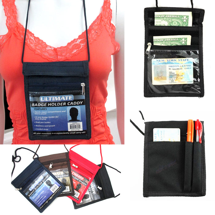 4 Badge Holder Caddy Neck Pouch Holders Passport ID Travel Neck Wallet Black