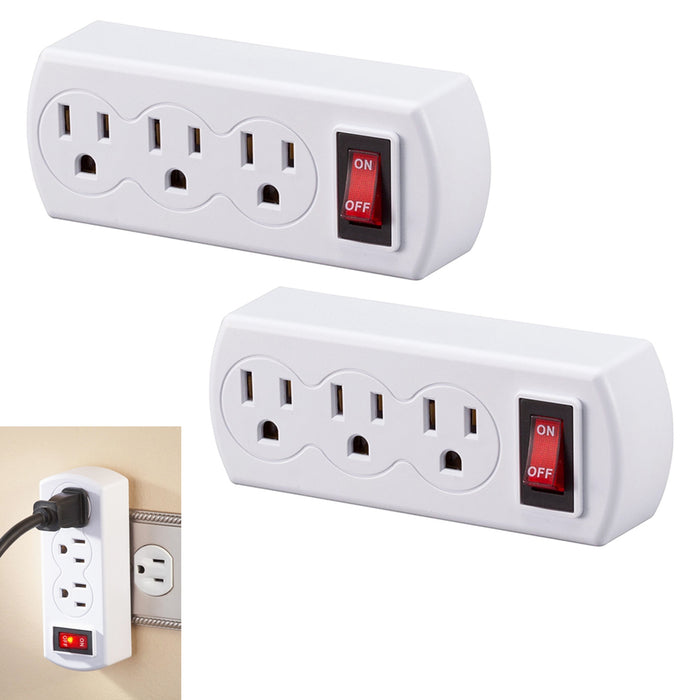 2 PK Grounded 3-Outlet Plug Adapter Wall Tap On/Off Switch White Home Office UL