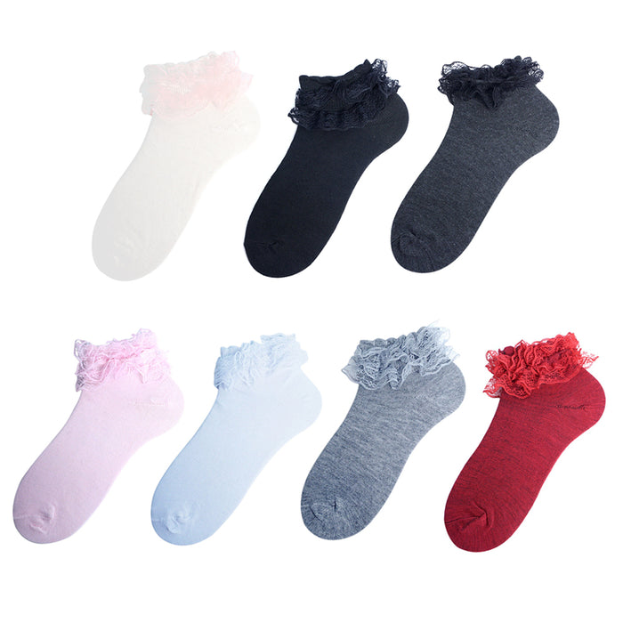 6 Pairs Womens Princess Lace Ruffle Frilly Socks Ankle Solid Colors Comfortable