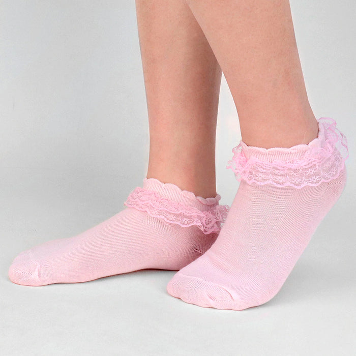 6 Pairs Womens Princess Lace Ruffle Frilly Socks Ankle Solid Colors Comfortable