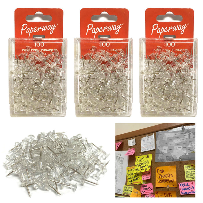 300 Pcs Push Pin Thumb Tacks Office Pushpin Drawing Cork Board Steel Point Clear