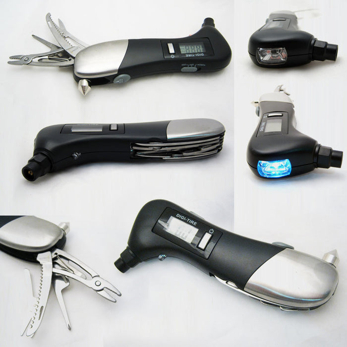 Digital Multi Tool Air Pressure Gauge Car Motorcycle Flashlight Glass Hammer