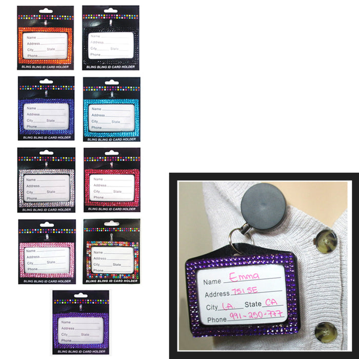 2 x Rhinestone Horizontal ID Card Holders Badge Lanyard Color Case Name Tag Gift