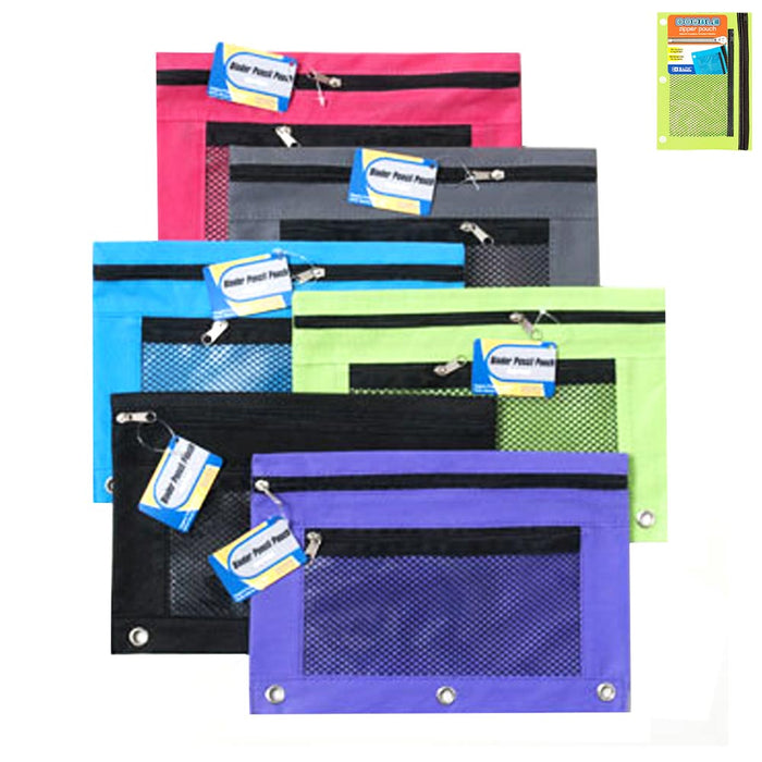 24 Pk BAZIC 3-Ring Pencil Case Rivet-Reinforced Holes Mesh Window Bright Colors
