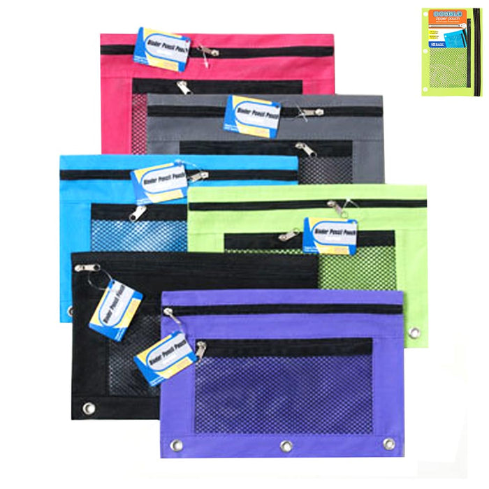 6 Pencil Pouch 3 Ring Zipper Case Binder Cosmetic Bag Multipurpose School Supply
