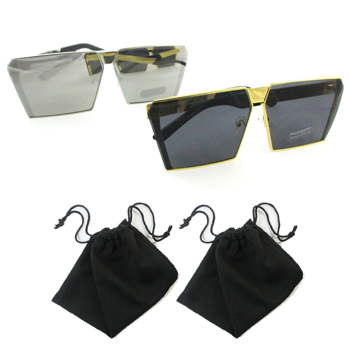 Flat Top Square Vintage Retro Shield Style Fashion Oversized Sunglasses W/ Pouch