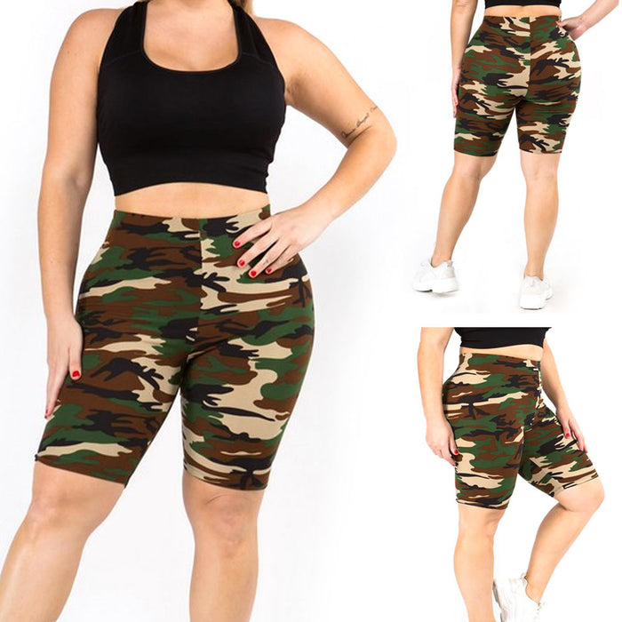Plus Size Camo Biker Shorts Wide Waistband Bike Yoga Leggings Short Activewear