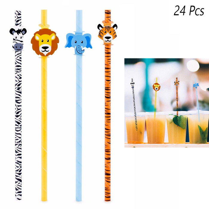 24 Pcs Paper Drinking Straws Safari Theme Animal Print Decor Birthday Party Kids