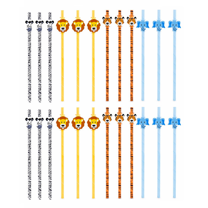 24 Pcs Paper Drinking Straws Safari Theme Animal Print Decor Birthday Party Kids
