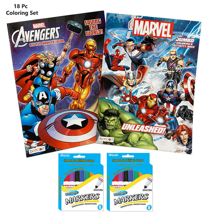 18 PC Marvel Avengers Coloring Books Set Kids Drawing Activity Washable Markers