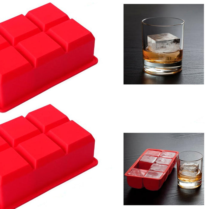 2 Large Cube Silicone Ice Tray Giant 2" Block Cube Grids 8 Mold Cocktail Kitchen