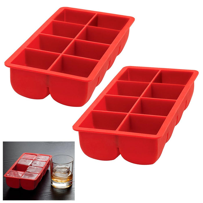 2 Large Cube Silicone Ice Tray Giant 2" Block Cube Grids 8 Mold Cocktail Kitchen