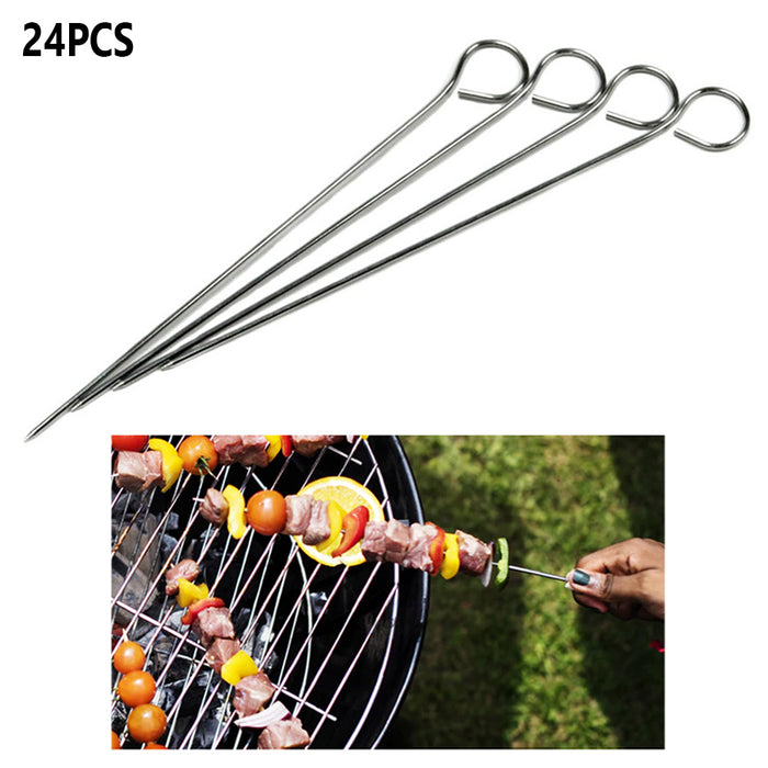 24 PCS Stainless Steel Barbecue Skewers Metal BBQ Food Grill Sticks Reusable Set