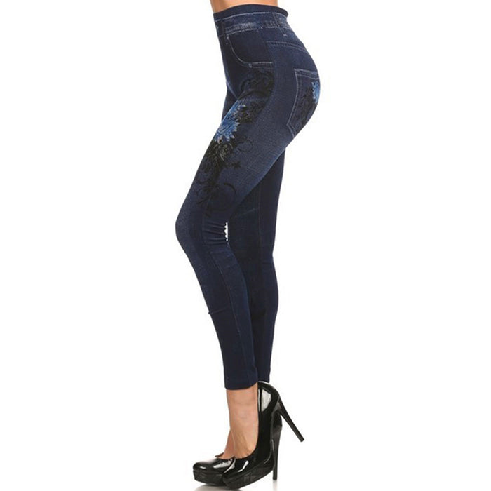 Fashion Women Stretchy Denim Look Jeans Jegging Skinny Leggings Print Slim Pants