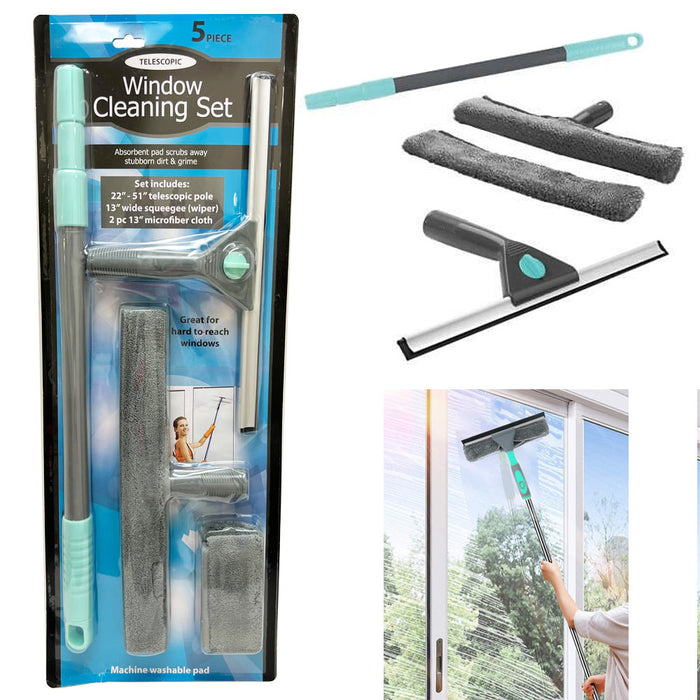 51" Telescopic Window Cleaning Kit Extension Pole Wide Wiper Microfiber Cloths