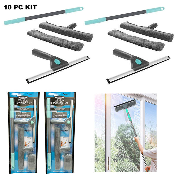 10 PC Window Squeegee Cleaning Kit 51" Extension Pole Wiper Microfiber Cloths