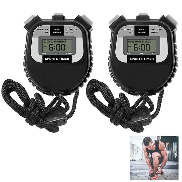 2Pc Electronic LCD Timer Digital Sports Stopwatch Chronograph Alarm Counter Time