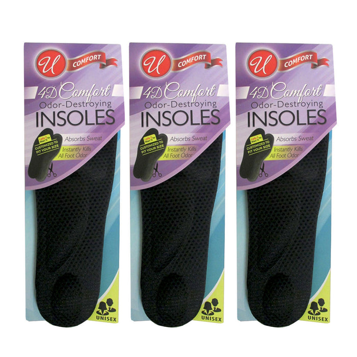 3 Pairs Odor Destroying Insoles 4D Comfort Heavy Duty Cushion Pain Relief Unisex